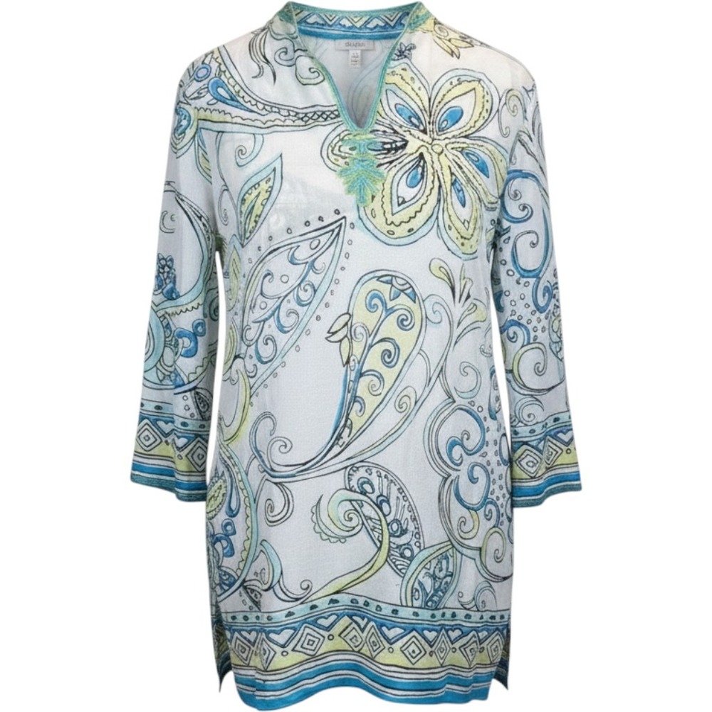 Chicos 100% Cotton Paisley Beaded White Blue Boho Tunic Top Womens 0